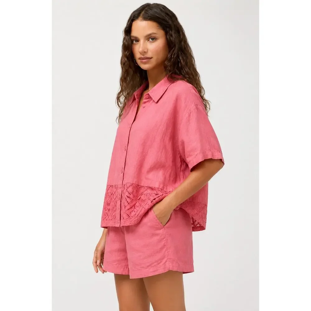 Vintage Johnny Was Coral Pink 100% Linen Embroidered Two Piece Short Set Size L